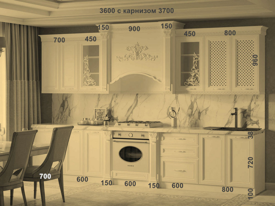 Кухня Венеция прямая 3,60 Белый/Серебро